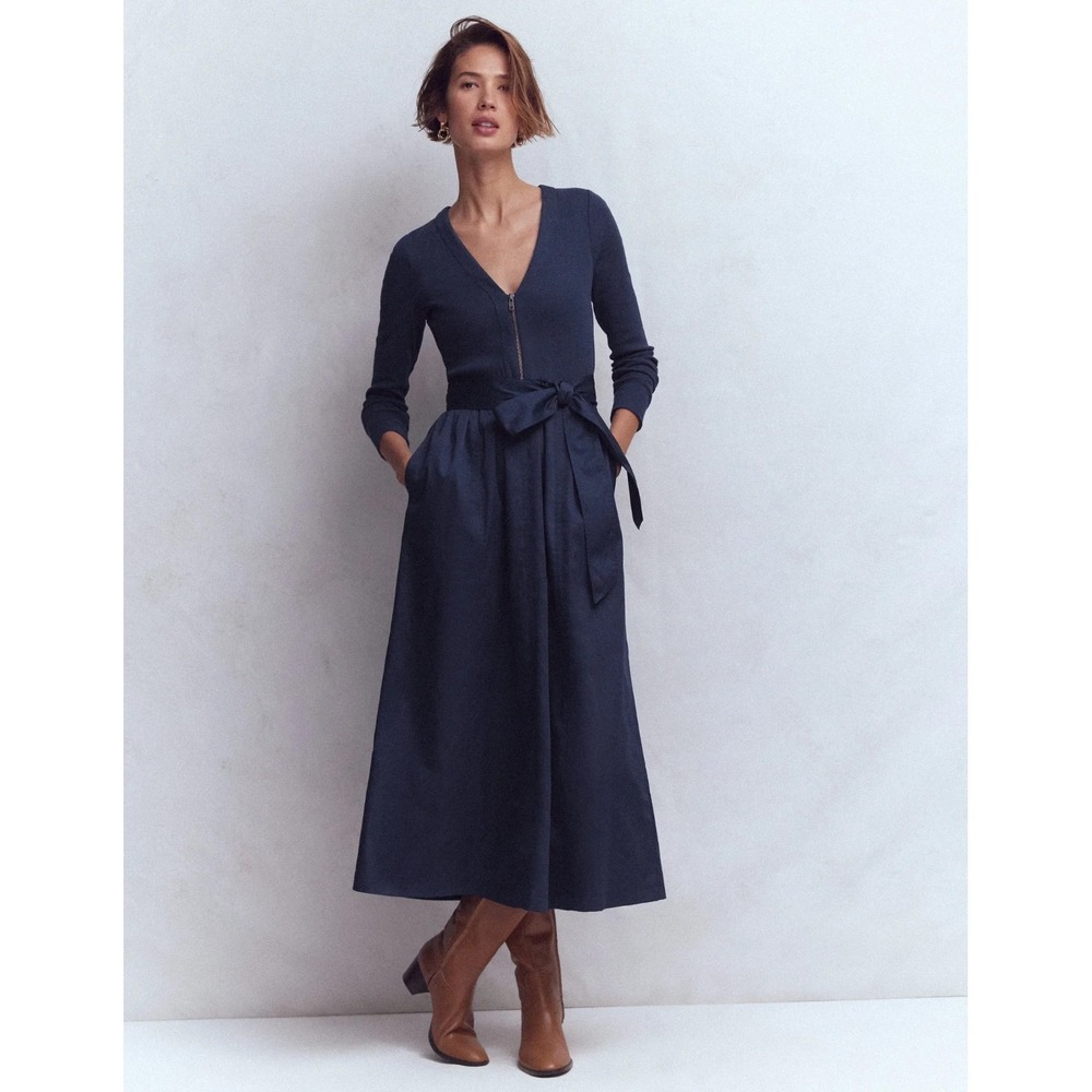Boden Navy Blue Long Sleeve Mix Media Midi Dress Size 2R